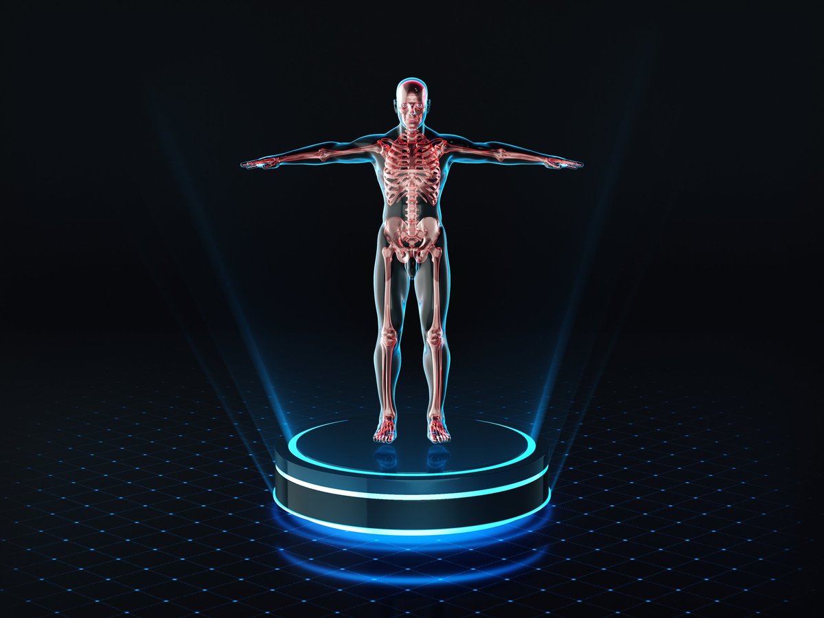 3D holographic human anatomy and skeleton rendering representing body composition scanning technology
