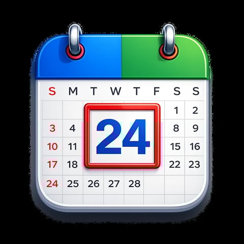 Calendar app icon showing the 24th date highlighted with a red border and blue numbers on a white calendar grid